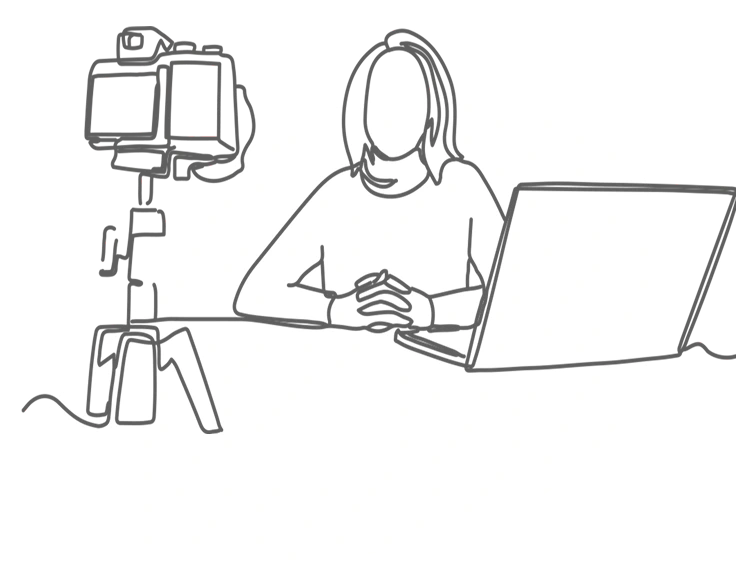 our courses illustration showing woman in front of pc and camera