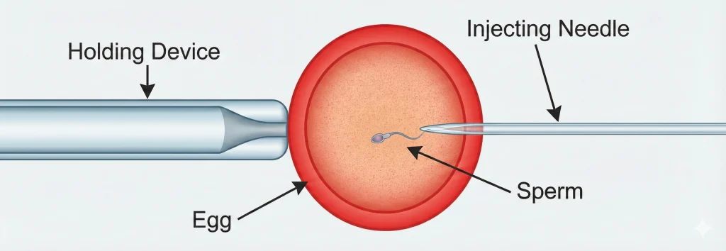 Diagram illustrating the ICSI process. A single sperm is picked up in a fine needle and injected into the egg, enabling fertilization even when sperm cannot penetrate the egg on their own.